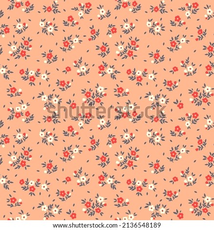 Trendy seamless vector floral pattern. Endless print made of small white and red flowers. Summer and spring motifs. Rose coral background. Stock vector illustration.