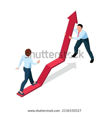 Isometric winner businessman composition with human characters of business workers and infographic arrow on blank background vector illustration