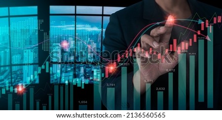 Double exposure of businessman touching with stock market graph or forex trading chart, Business and financial concept.