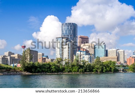 Skyscrapers towering over Calgary Alberta Canada Royalty-Free Stock Photo #213656866