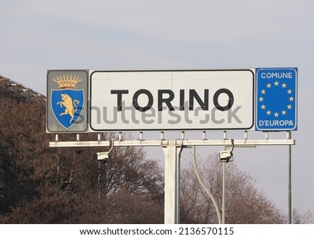Torino (translation Turin) city sign, Comune di Europa (translation Municipality of Europe) Royalty-Free Stock Photo #2136570115