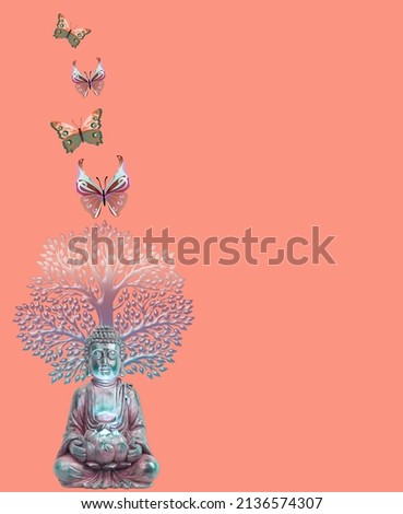 Spiritual background with buddha statue, yin yang symbol and butterflies on sea reflection 