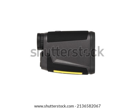 Modern optical range finder isolated on white background. Isolated black plastic rangefinder used for golfing or hunting.