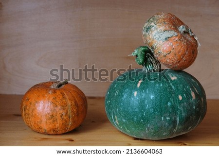 Yellow and green pumpkins on a wooden background. Close-up. Selective focus