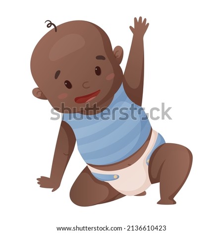 Vector illustration of a newborn African American baby boy in a diaper sitting or crawling isolated on white.