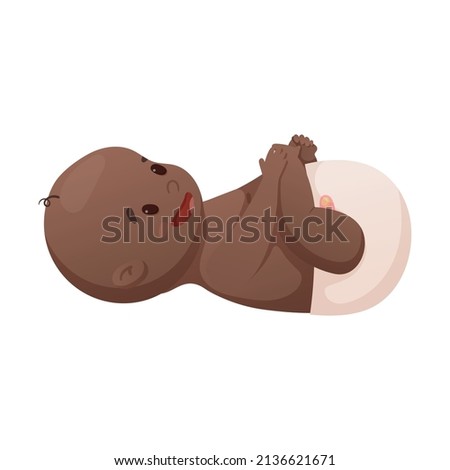 Vector illustration of a laughing African American newborn baby in a diaper lying on his back.
