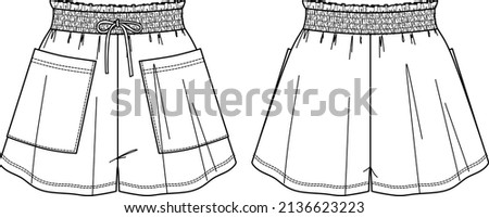 Fashion technical sketch of women shorts with pockets in vector graphic. Women shorts with elasticized waist flat, sketch, fashion illustration. Jersey or woven fabric short, front, back view, white Royalty-Free Stock Photo #2136623223