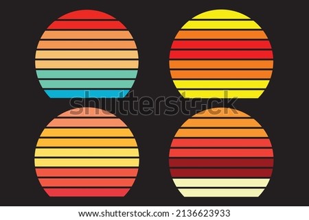 Retro vintage sunset in 80s-90s style. Black silhouettes of palm trees. Striped circle. Vector design