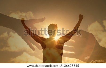 Helping hands from friend giving man support strength and hope. Salvation excepting help concept  Royalty-Free Stock Photo #2136628815