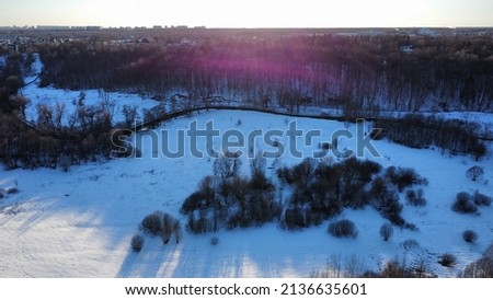 Aerial view of Skhodnya River at sunset, Moscow, Russia. High quality photo
