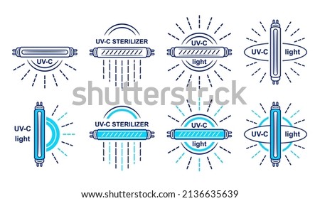 UV light disinfection lamp line icon set. UVC ultraviolet quartz sterilizer bulb. Antibacterial disinfect equipment. Medical surface cleaning from bacteria. Sanitizing ray for hospital hygiene. Vector Royalty-Free Stock Photo #2136635639