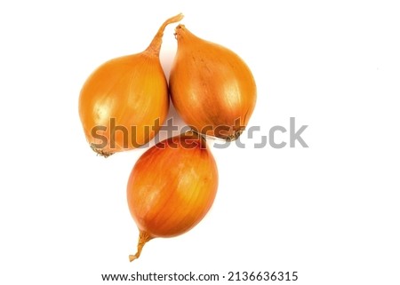 Three yellow onion isolated on white background. Top view. Copy space