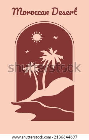 Moroccan desert, modern and minimalist style. Moroccan scene. A Moroccan doors, windows in a view of the desert during the day. Terracotta background. Vector illustration.