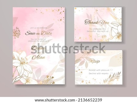 Wedding floral invitation in watercolor and pastel. Lily and splashes, stains. Save the date, thanks. RSVP card design. Golden tender pink flowers. Vector art template set Royalty-Free Stock Photo #2136652239