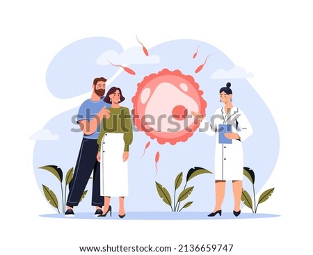 Human reproduction and family planning concept. Young man and woman planning pregnancy. Doctor explains to couple topic of fertility and parenthood. Sperm and egg. Cartoon flat vector illustration Royalty-Free Stock Photo #2136659747