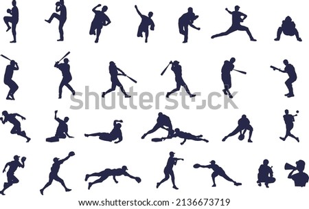 Silhouette baseball players set. Pitcher, batter, field player, etc.