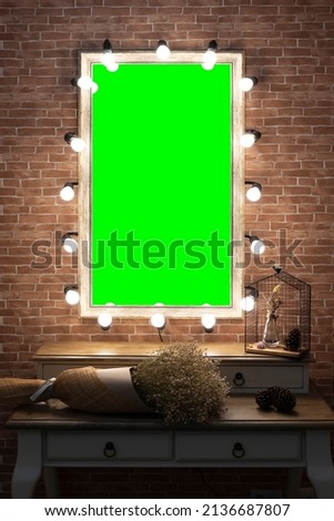 Vintage style make up mirror with light with green screen clipping path in middle