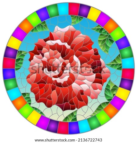 Illustration in stained glass style with a bright red rose flower on a blue background, round image in bright frame