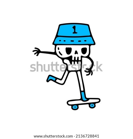 Hype skull with bucket hat riding skateboard, illustration for t-shirt, street wear, sticker, or apparel merchandise. With doodle, retro, and cartoon style.