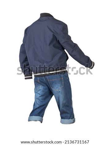 Denim dark blue shorts and dark blue bomber jacket with zipper isolated on white background. Men's jeans