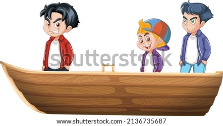 Christmas Boy and girl standing on a boat on a white background illustration