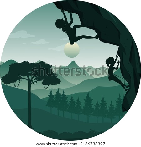 Silhouette scene with girl climbing rock illustration