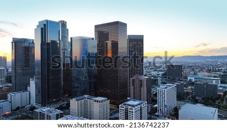 Los Angels downtown skyline, panoramic city skyscrapers, downtown skyline at sunset. Royalty-Free Stock Photo #2136742237