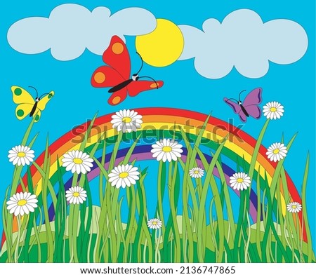 Peaceful sky, colorful butterflies and a rainbow. Summer and spring landscape