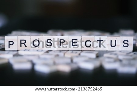 Wooden squares block of word "Prospectus" closeup blur dark color background