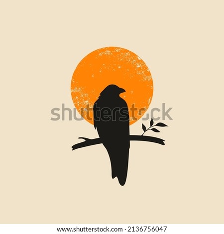 Silhouette of raven with sunset. vector illustration. poster design