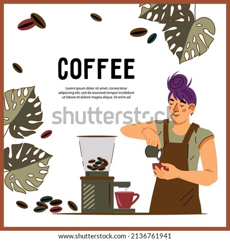 Banner, flyer or poster for Coffee shop or cafe-bar, restaurant with barista female character, flat vector illustration. Coffee shop promotion for web and social media, print materials.