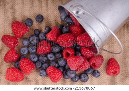 Raspberries and blueberries in  aluminum pale on burlap.