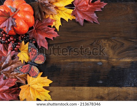Thanksgiving Autumn Fall background with red, brown and yellow leaves, orange pumpkin and monarch butterfly on dark recycled rustic wood table with orange table place setting. Vertical close up. 
