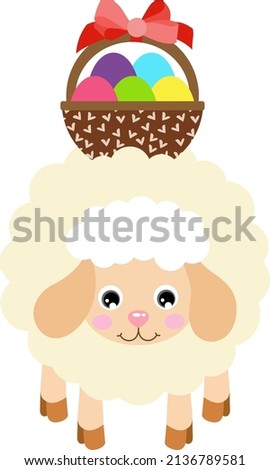 Cute sheep lamb carrying a basket full of easter eggs
