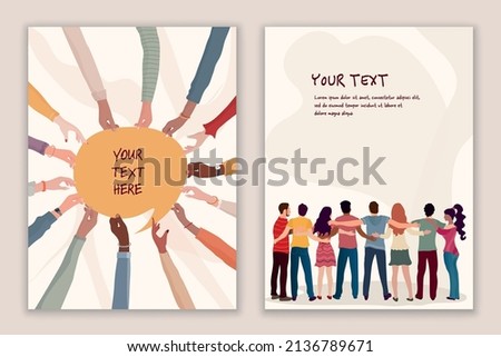 Group of multicultural volunteer people embraced viewed from behind and group of hands holding a speech bubble.NGO - flyer - brochure - poster - cover -editable template.Volunteer concept Royalty-Free Stock Photo #2136789671