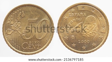 Spain - circa 2000 : a 50 cent coin of Spain with a map of Europe and the portrait of the writer Miguel de Cervantes Royalty-Free Stock Photo #2136797185