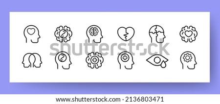 Psychological state icons set. Heartbreak, split personality, healthy thinking and meditation icons. Psychology concept. Vector EPS 10. Royalty-Free Stock Photo #2136803471