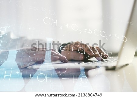 Creative chemistry illustration with hands typing on computer keyboard on background, science and research concept. Multiexposure
