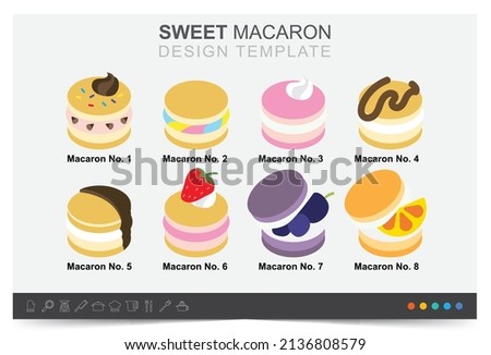 Colorful sweet macarons cakes, French macaroon, 
French culture, dessert menu, tea time, Vector illustration design concept in postcard template