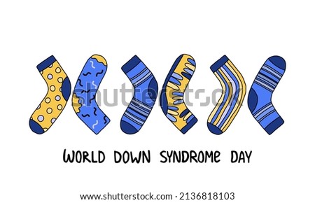 World Down syndrome day card. Three pairs mismatched socks vector illustration. Support people with trisomy 21 Royalty-Free Stock Photo #2136818103
