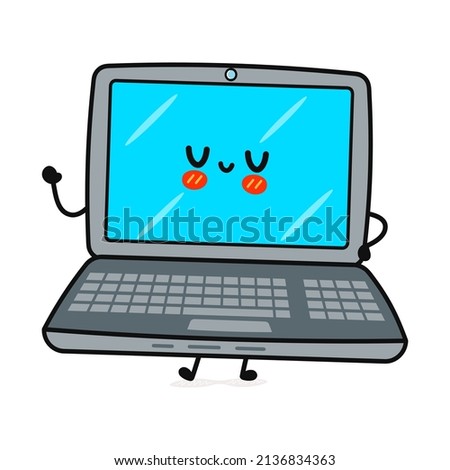 Cute funny laptop waving hand character. Vector hand drawn cartoon kawaii character illustration icon. Isolated white background. Laptop character concept emoji,child,adorable,kids,laptop,character Royalty-Free Stock Photo #2136834363