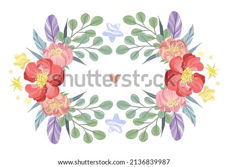 Vector illustration. Composition frame with Peonies, feathers, leaves, stars, handmade, postcard