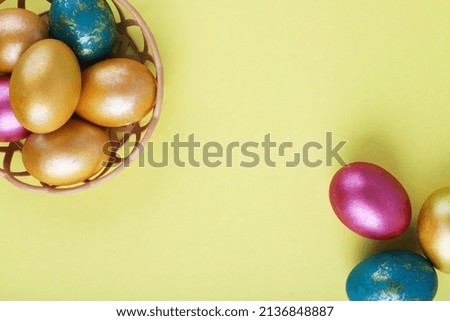 Red Easter eggs on a bright background. Easter background with eggs close up. Place for text.
