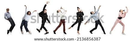 Excited, emotional office workers dancing in business style outfits, clothes on white background. Business, start-up, working open-space, motion and action concept. Creative collage.