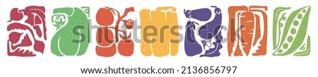 Set of different vegetables growing in garden. Abstract paper cut print for agriculture. Infant cartoon doodles of tomato, eggplant, pumpkin, carrot, pepper, beet, radish, green beans. Isolated vector Royalty-Free Stock Photo #2136856797