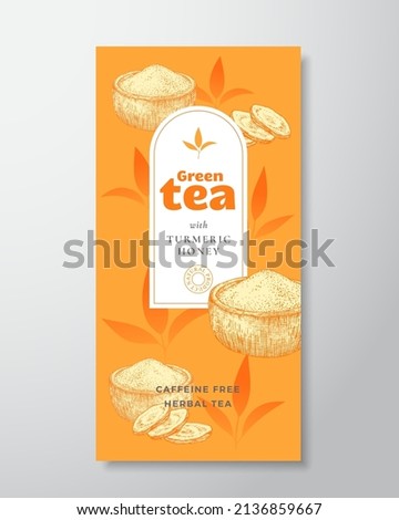 Fruit and Berries Tea Label Template. Abstract Vector Packaging Design Layout with Realistic Shadows. Hand Drawn Turmeric Curcuma Powder Bowl and Tea Leaves Decor Silhouettes Background Isolated