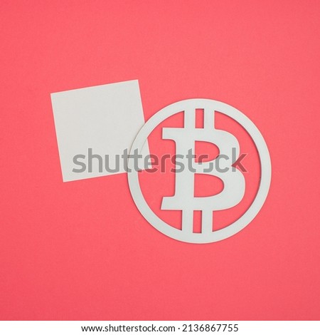 Bitcoin Square leaflet mock up blank template design idea. Gray bitcoin symbol mockup against pastel pink background. Copy space templates designs for message layout.