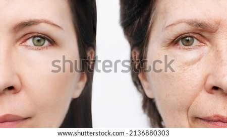 Comparison of the face of young and aged women. Youth, old age. The process of aging and rejuvenation, the result years later. Beauty treatments and lifting. Age-related changes,appearance of wrinkles Royalty-Free Stock Photo #2136880303