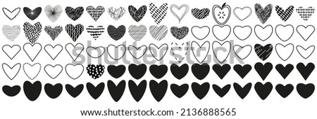 Set of heart black heart stamps isolated on white background. Forms for brushes by line, hand drawing, different shape. Vector illustration