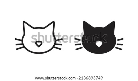 Cat graphic. Kittty face on white background with  meow sign, symbol, logo, line, illustration, editable stroke. Cat head logo silhouette. Kitten with eyes nose mouth and mustache looking.